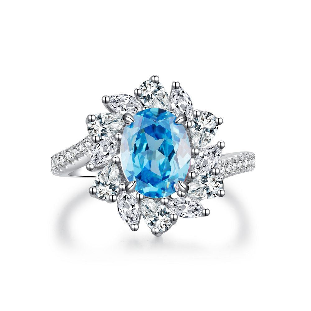 925 Sterling Silver Blue High Carbon Diamond Crush Ice Flower Ring