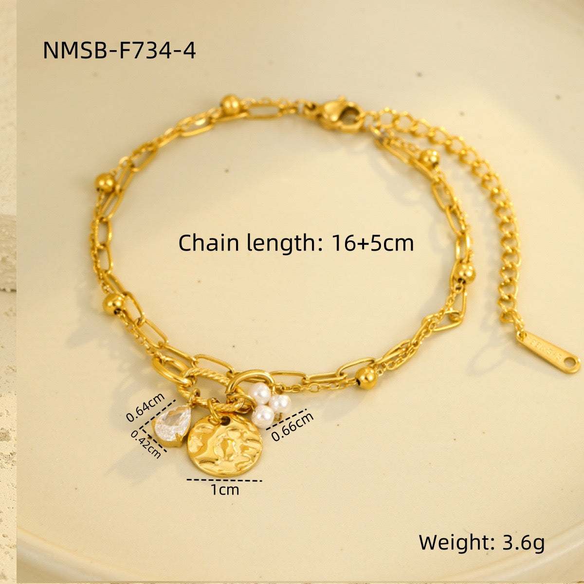 Stainless steel teardrop zircon pearl pendant round bracelet for women