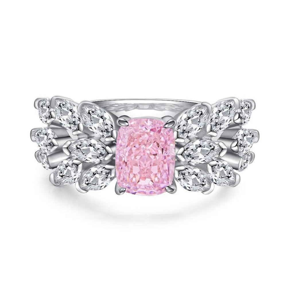 925 Sterling Silver Pink High Carbon Diamond Crush Ice Flower Ring