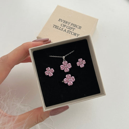 925 Silver Sweet Peach Blossom Heart Pink Diamond Set