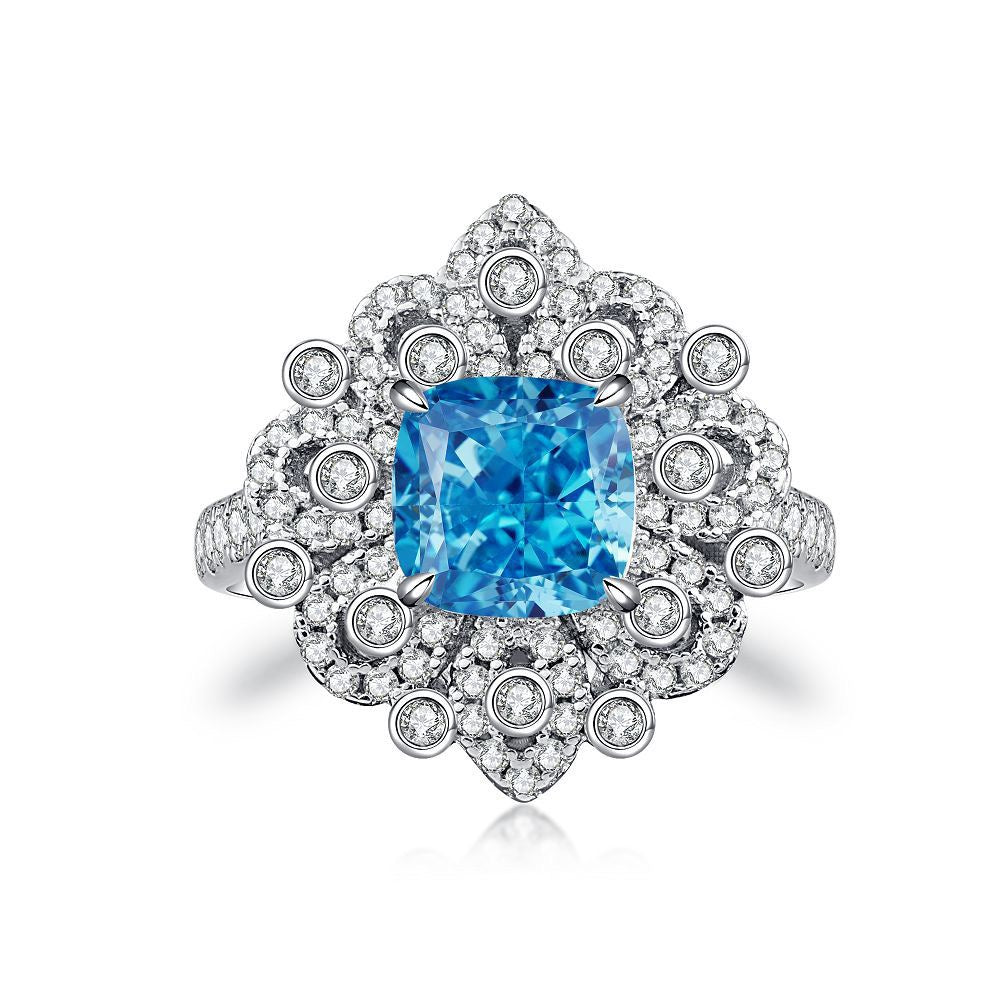 925 Sterling Silver Blue High Carbon Diamond Crush Ice Flower Ring