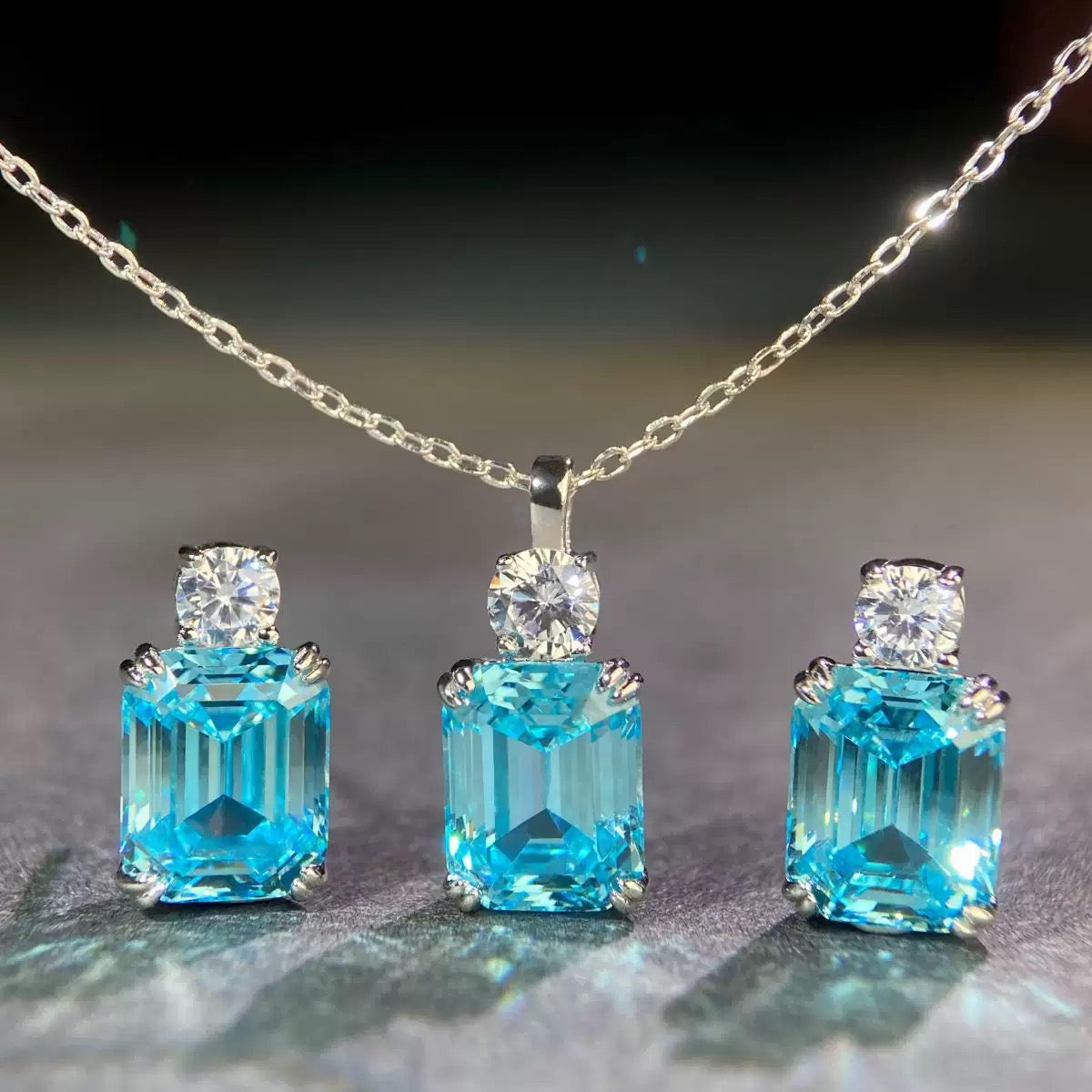 925 Silver Aquamarine High Carbon Diamond Set