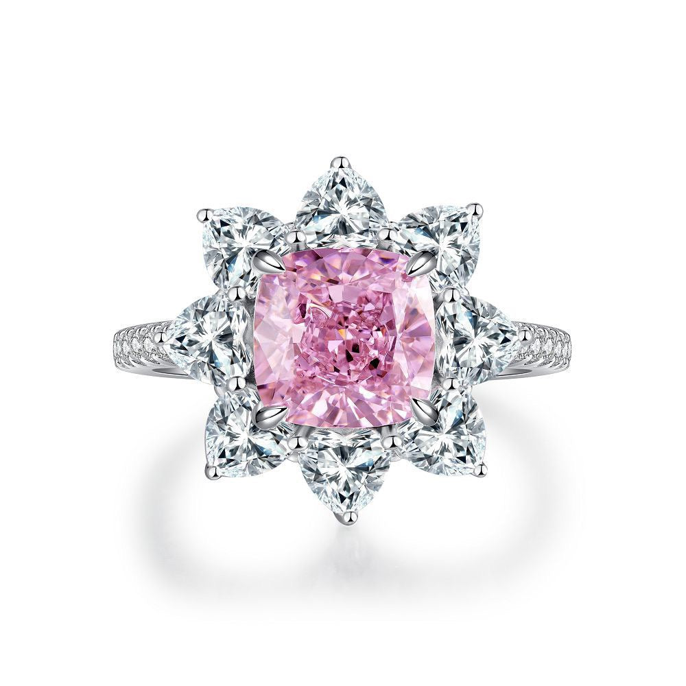 925 Sterling Silver Pink High Carbon Diamond Crush Ice Flower Ring