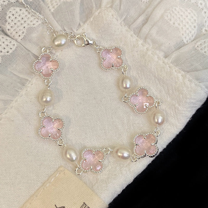 Natural freshwater pearl, amethyst, rose quartz, citrine, colored zircon, four-leaf clover, stacked copper alloy bracelet