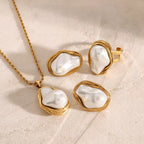 Stainless steel Baroque pearl gold necklace, earrings, and ring