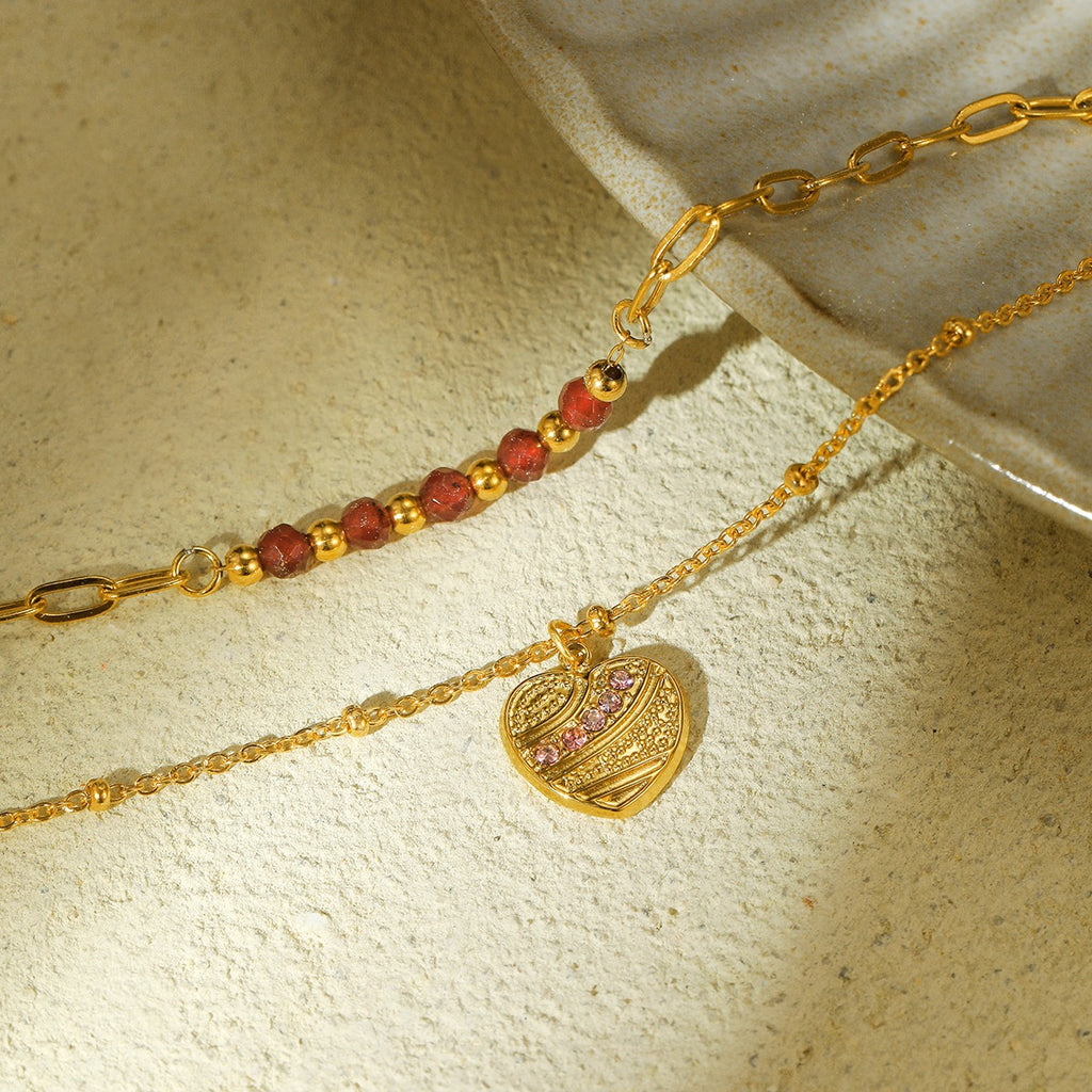 Red natural stone heart-shaped stainless steel bracelet