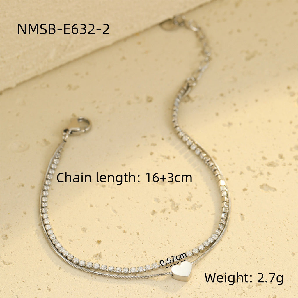 Niche high-end stainless steel double-layer heart-shaped zircon stacked bracelet