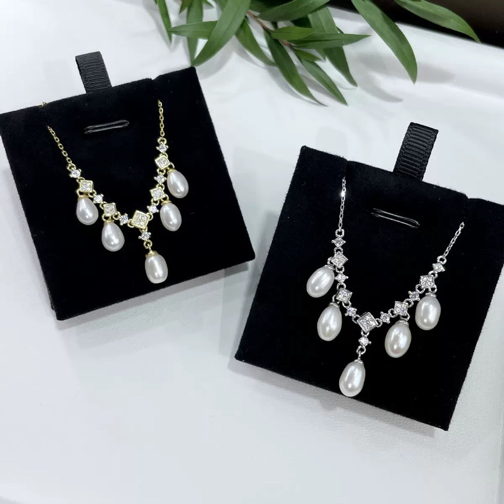 S925 Sterling Silver Tassel Necklace with Zircon Natural Freshwater Rice-Shaped Aurora Pearls (5mm-8mm)