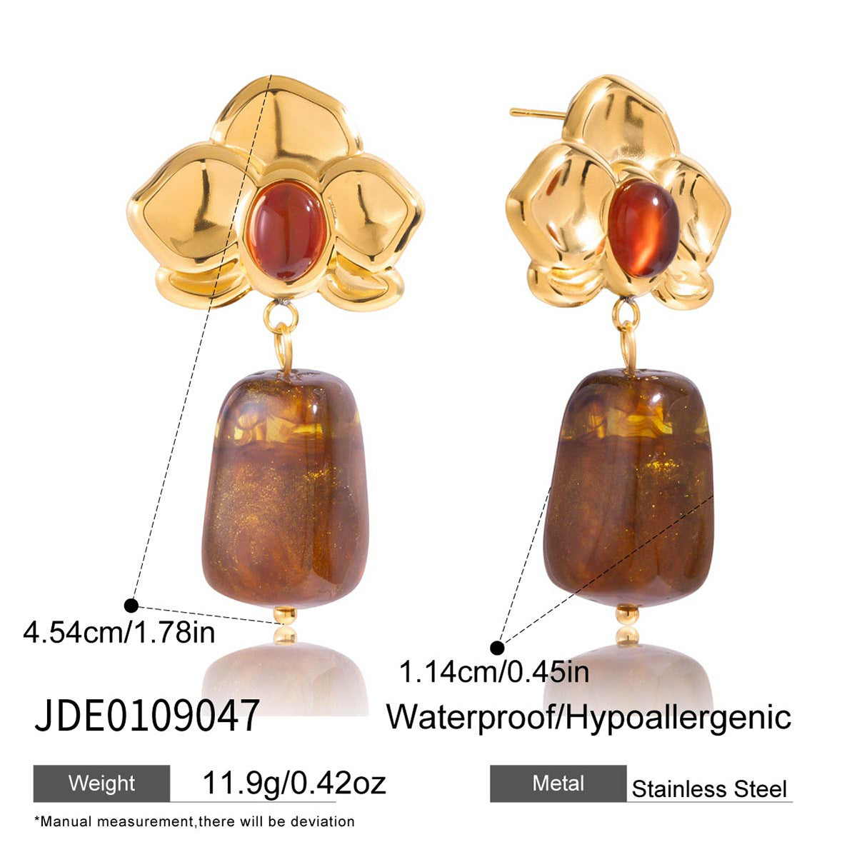 High-end stainless steel amber resin earrings