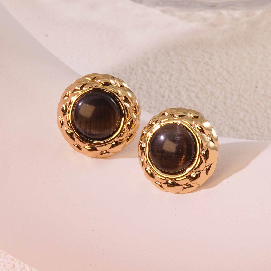 Cat-eye small round diamond pattern colorful gold-edged button style stainless steel stud earrings