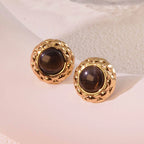 Cat-eye small round diamond pattern colorful gold-edged button style stainless steel stud earrings