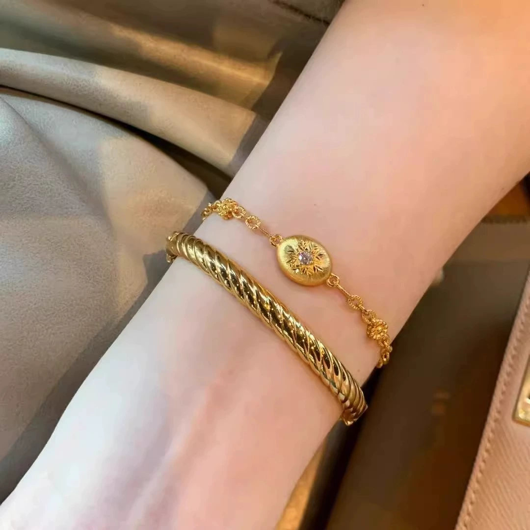 Brushed and carved antique style gold copper alloy bracelet