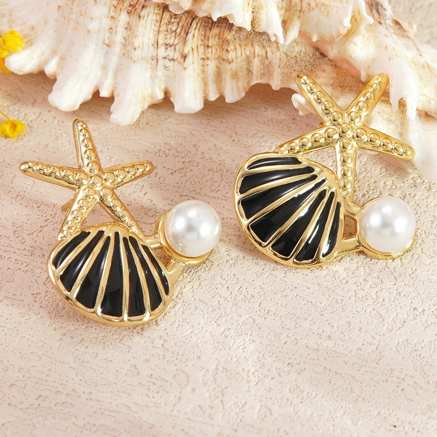 Starfish shell pearl casual stainless steel earrings