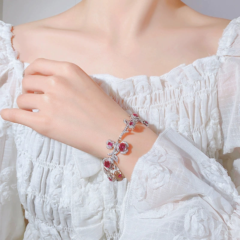 Red sapphire zircon inlaid with rose and camellia bracelet