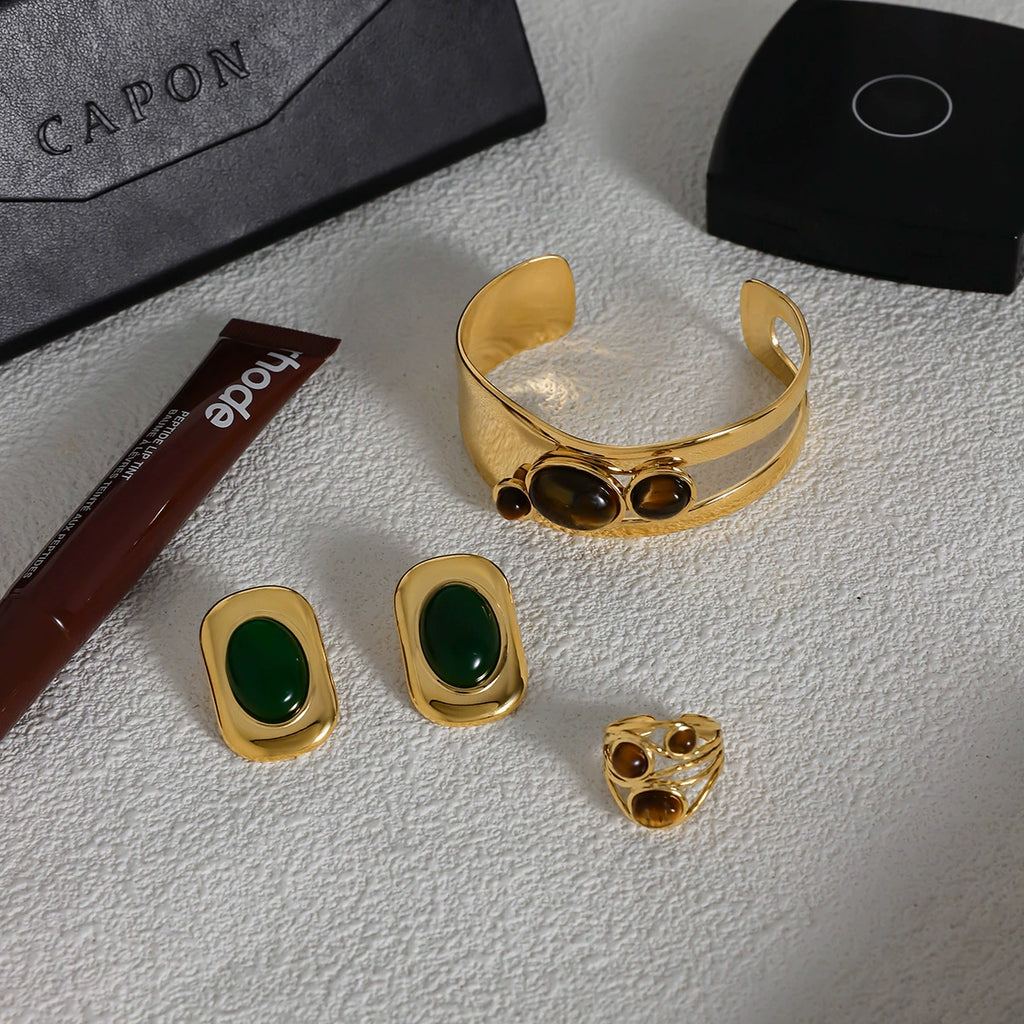 Tiger's eye stainless steel open bracelet earrings