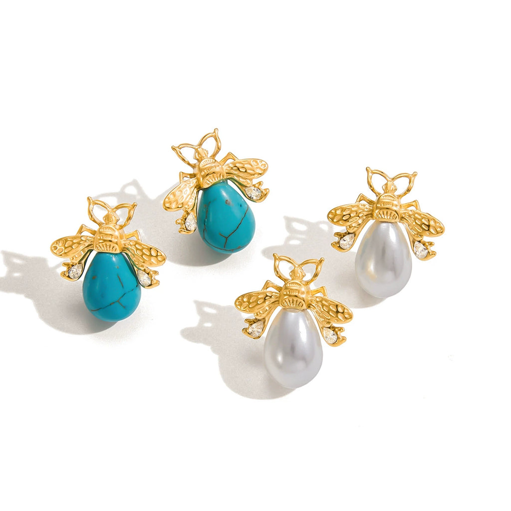 Turquoise, zircon, imitation pearl stainless steel stud earrings