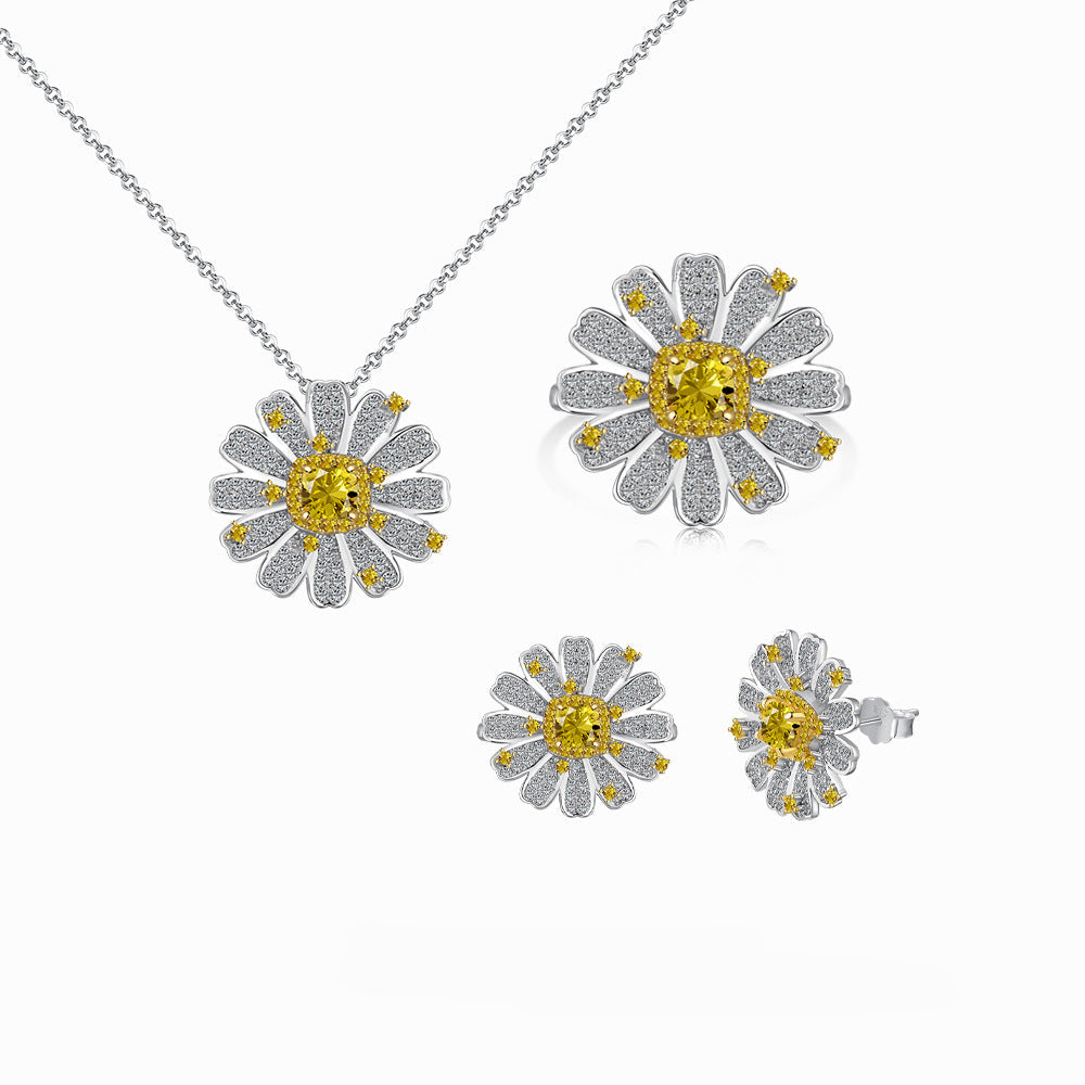 925 Sterling Silver Daisy Sunflower Full Diamond Set