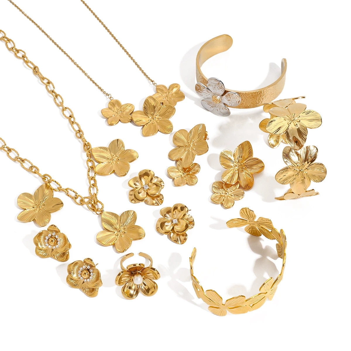 Stainless steel flower necklace, zircon earrings, pearl ring