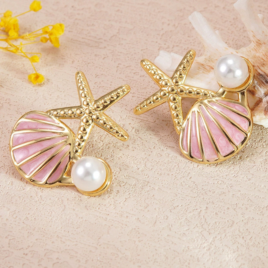 Starfish shell pearl casual stainless steel earrings