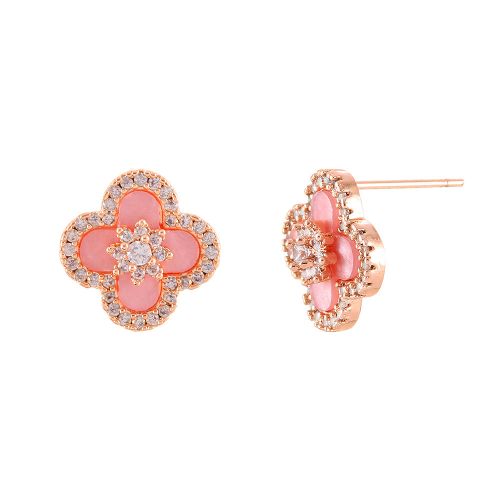 幸运粉色锆石四叶花铜合金套装