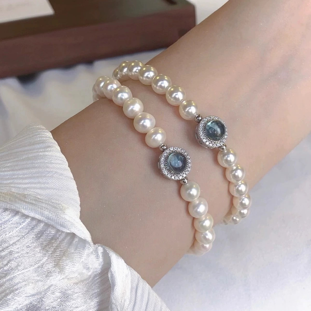 925 Sterling Silver Aquamarine Natural Freshwater Pearl Bracelet