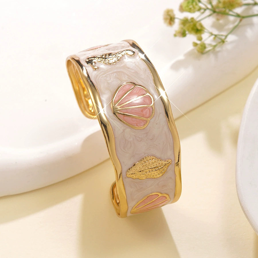 Seashell and conch oil-dripping stainless steel C-shaped open bracelet