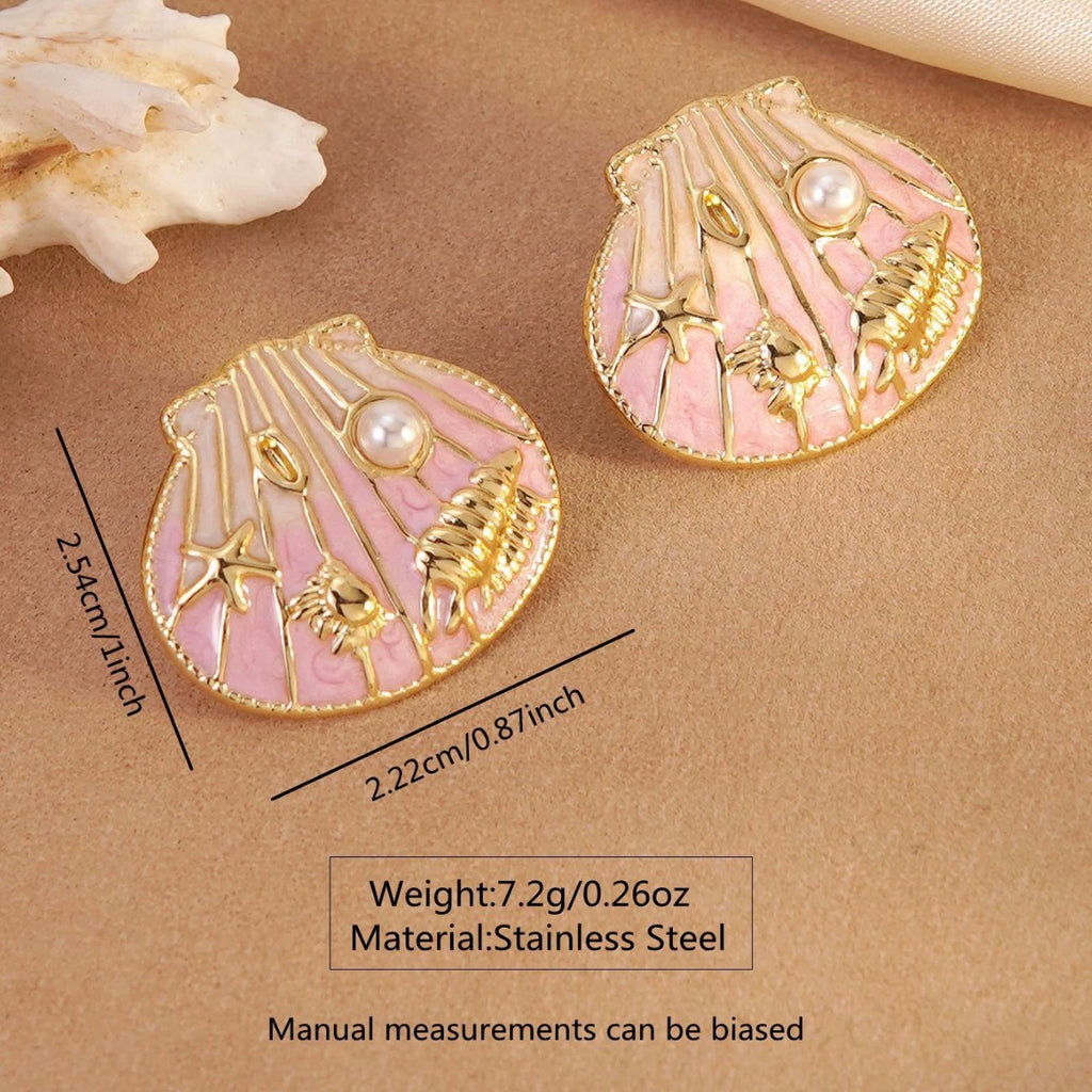 Oil-dripping seashell stainless steel starfish and conch earrings