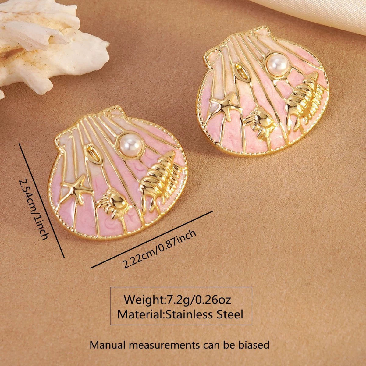 Oil-dripping seashell stainless steel starfish and conch earrings