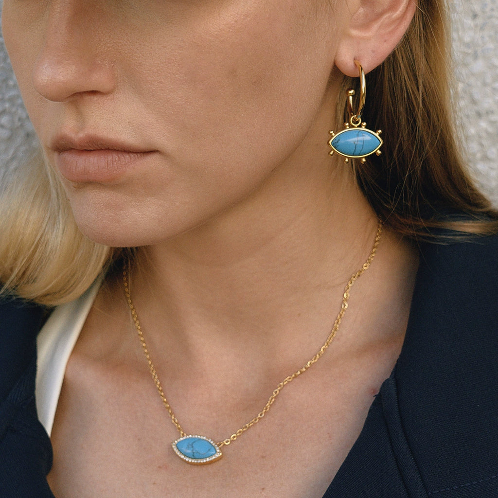 Evil Eye Turquoise Colorfast Titanium Steel Earrings and Necklace