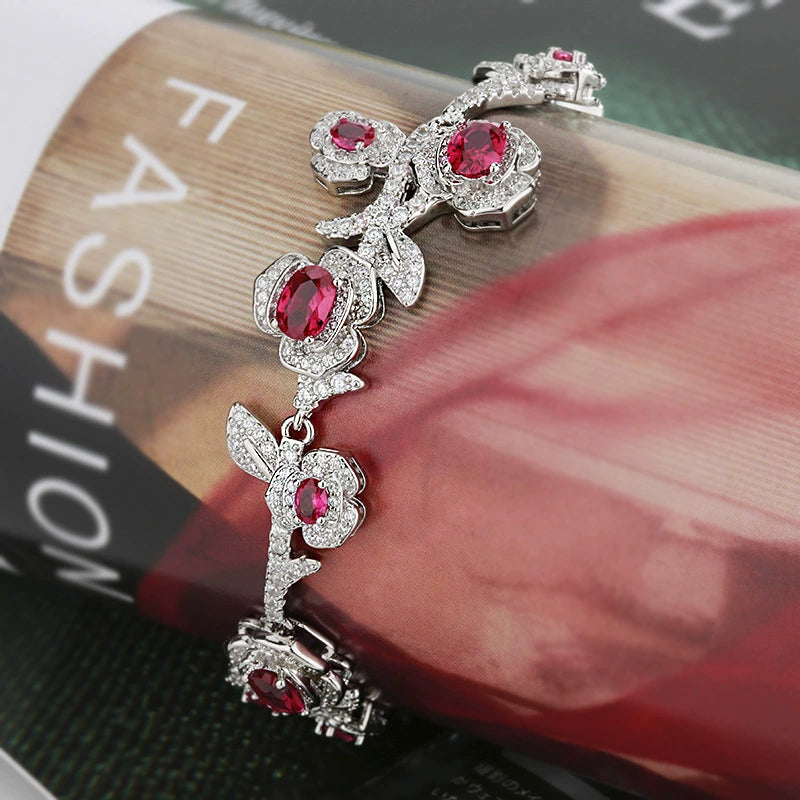 Red sapphire zircon inlaid with rose and camellia bracelet
