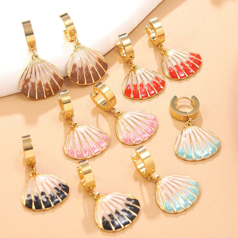 Oil-dripping shell stainless steel fan-shaped earrings