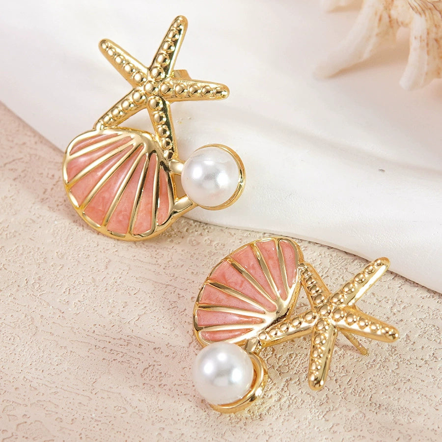 Starfish shell pearl casual stainless steel earrings
