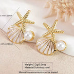 Starfish shell pearl casual stainless steel earrings