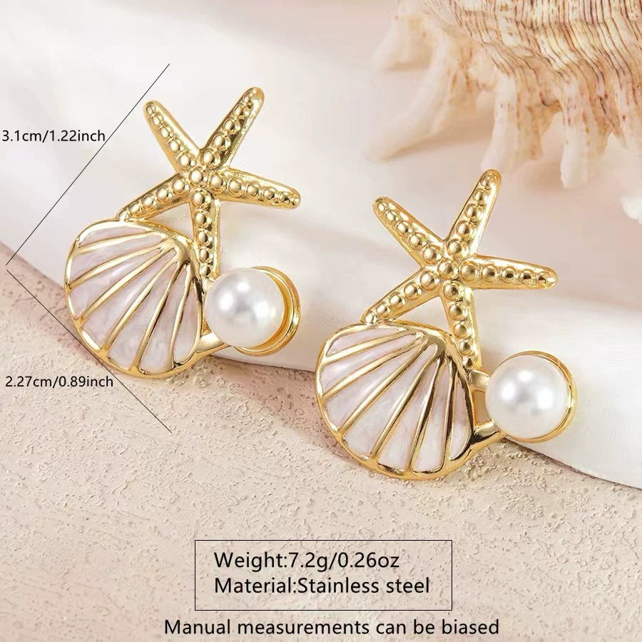 Starfish shell pearl casual stainless steel earrings