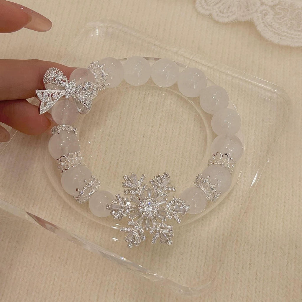 Natural rose quartz full zircon bow snowflake bracelet