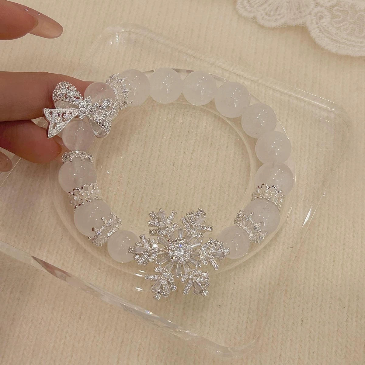 Natural rose quartz full zircon bow snowflake bracelet