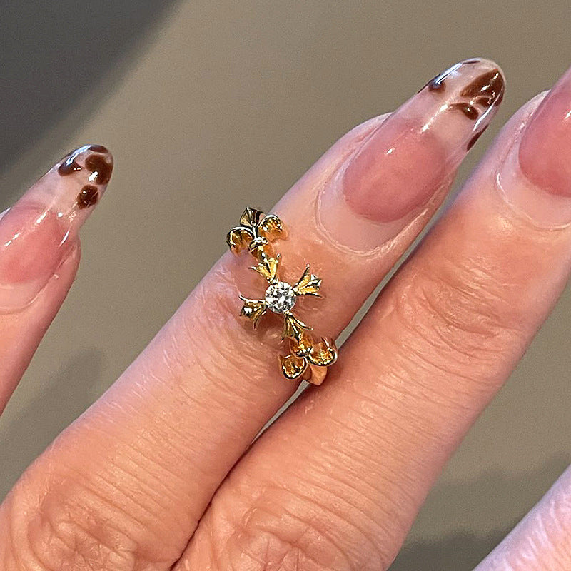 Cross-shaped moissanite copper alloy ring