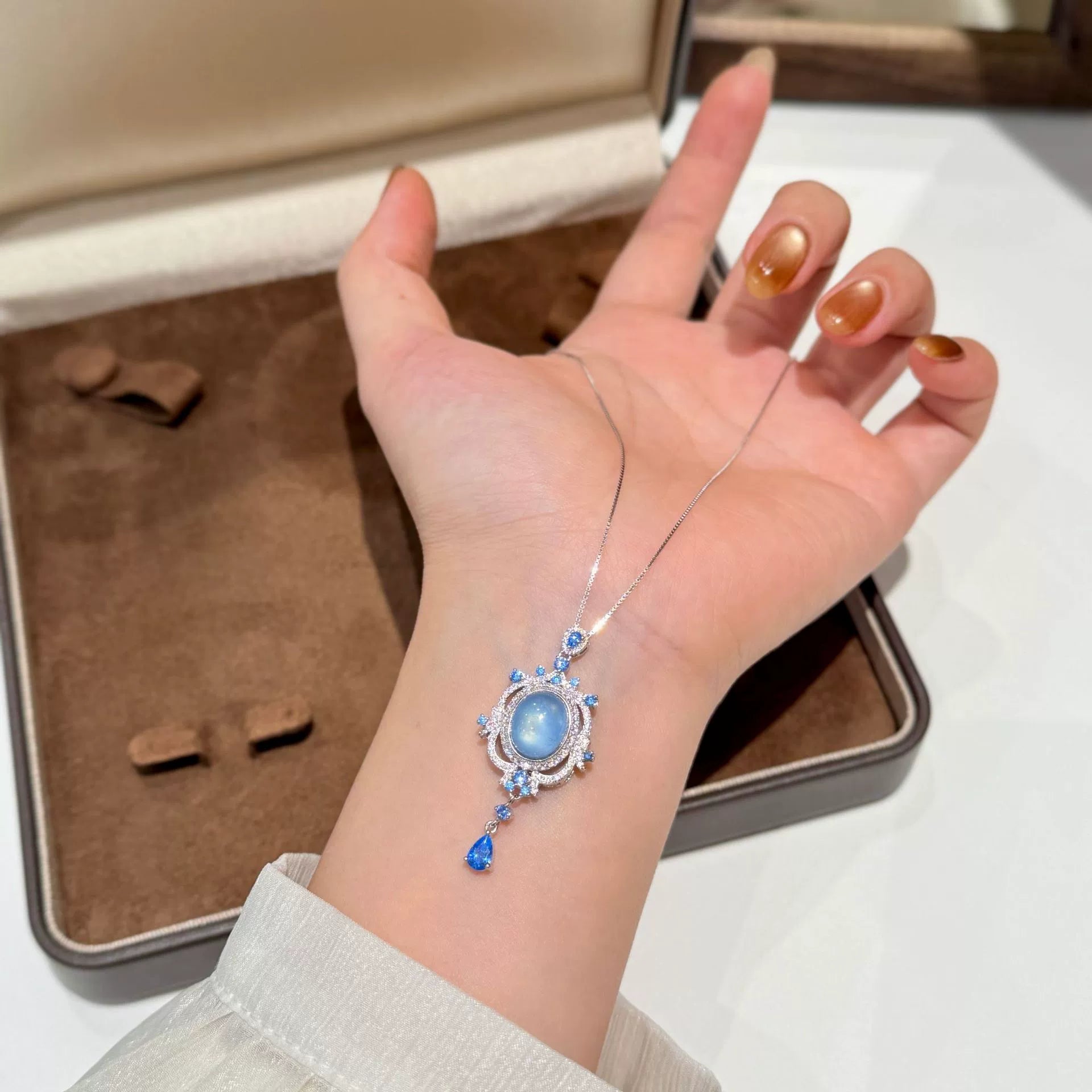 925 Sterling Silver Heart of the Ocean Oval Natural Aquamarine Pendant Fully Diamonded