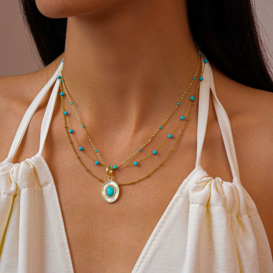 Vintage Turquoise Zircon Oval Stainless Steel Clavicle Multi-Layer Chain
