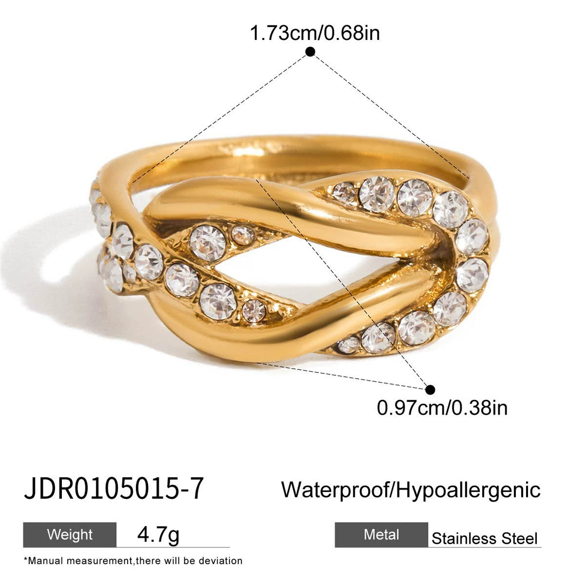 Rope knot design rhinestone stainless steel ring