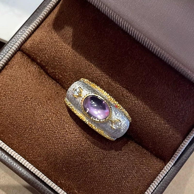 Heavy-duty amethyst diamond-studded copper alloy ring