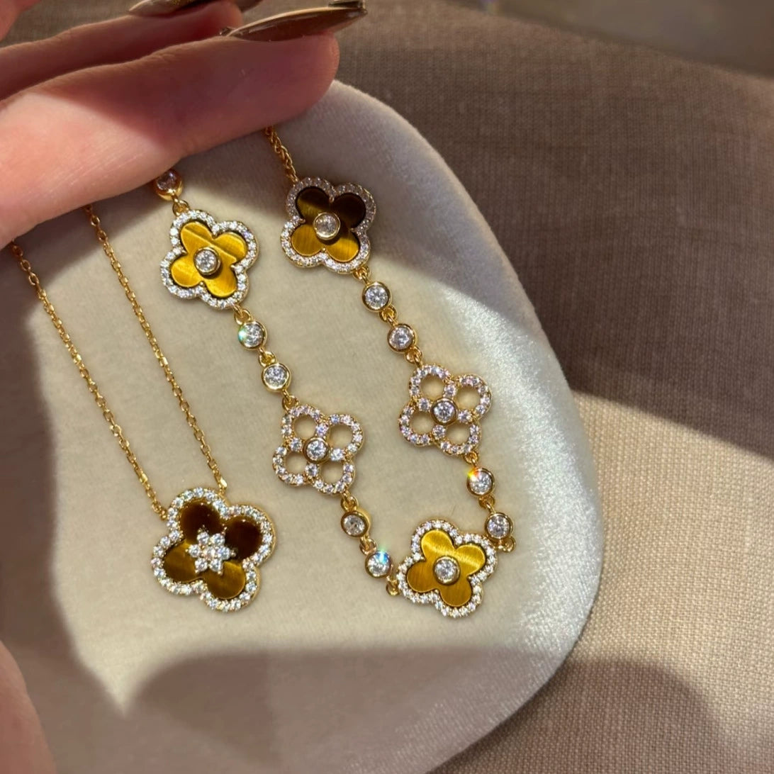 虎眼四叶花铜合金手链项链套装