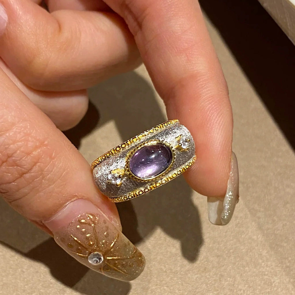 Heavy-duty amethyst diamond-studded copper alloy ring