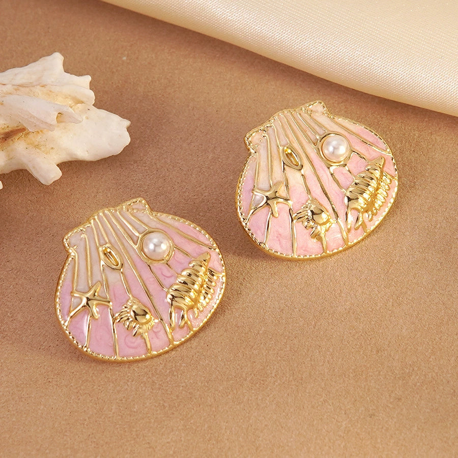 Oil-dripping seashell stainless steel starfish and conch earrings