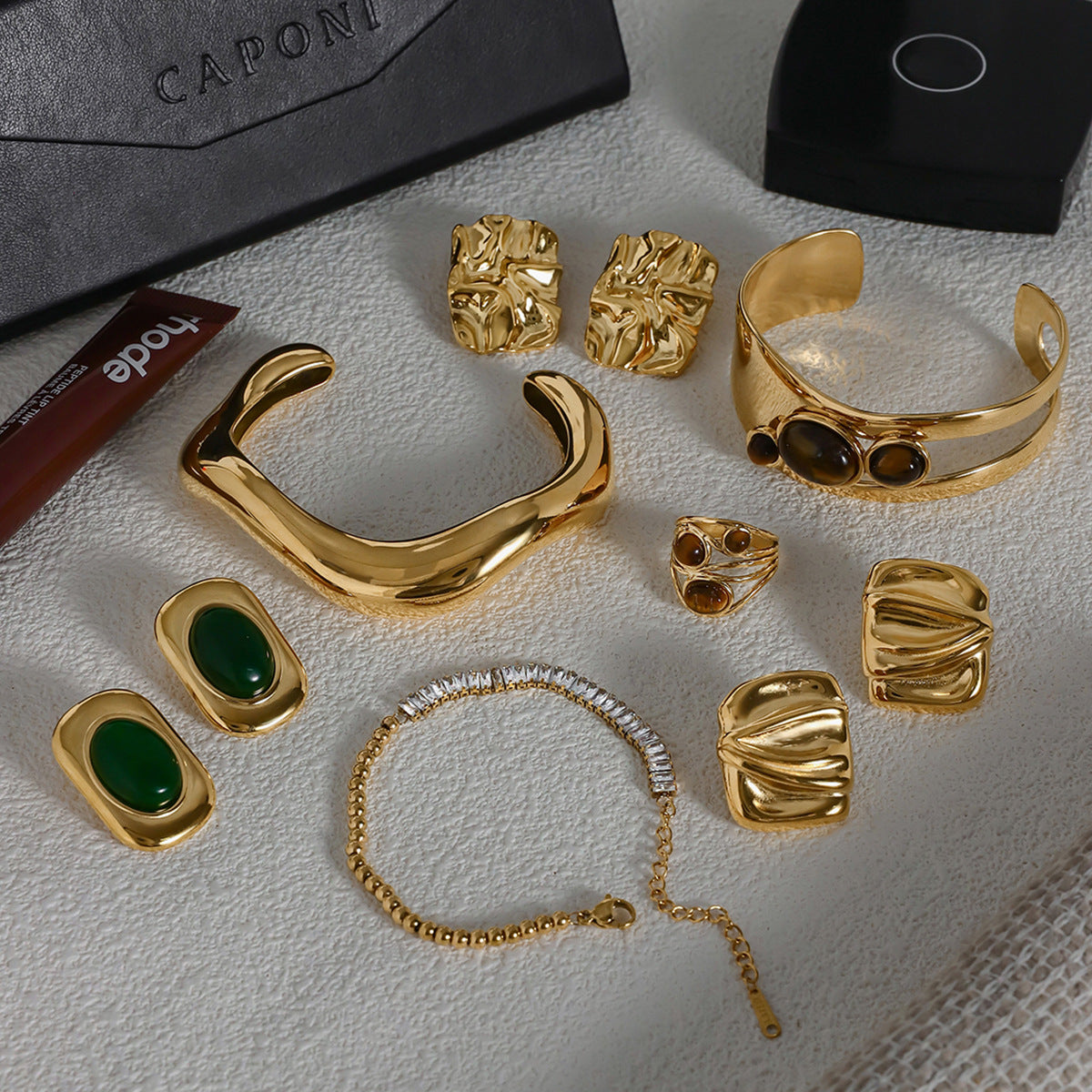 Tiger's eye stainless steel open bracelet earrings