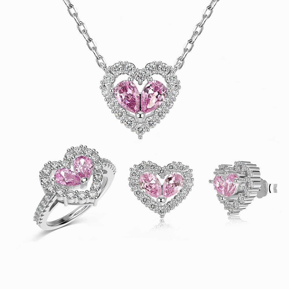 925 Silver Heart Hollow Pink Zircon Inlaid Diamond Set