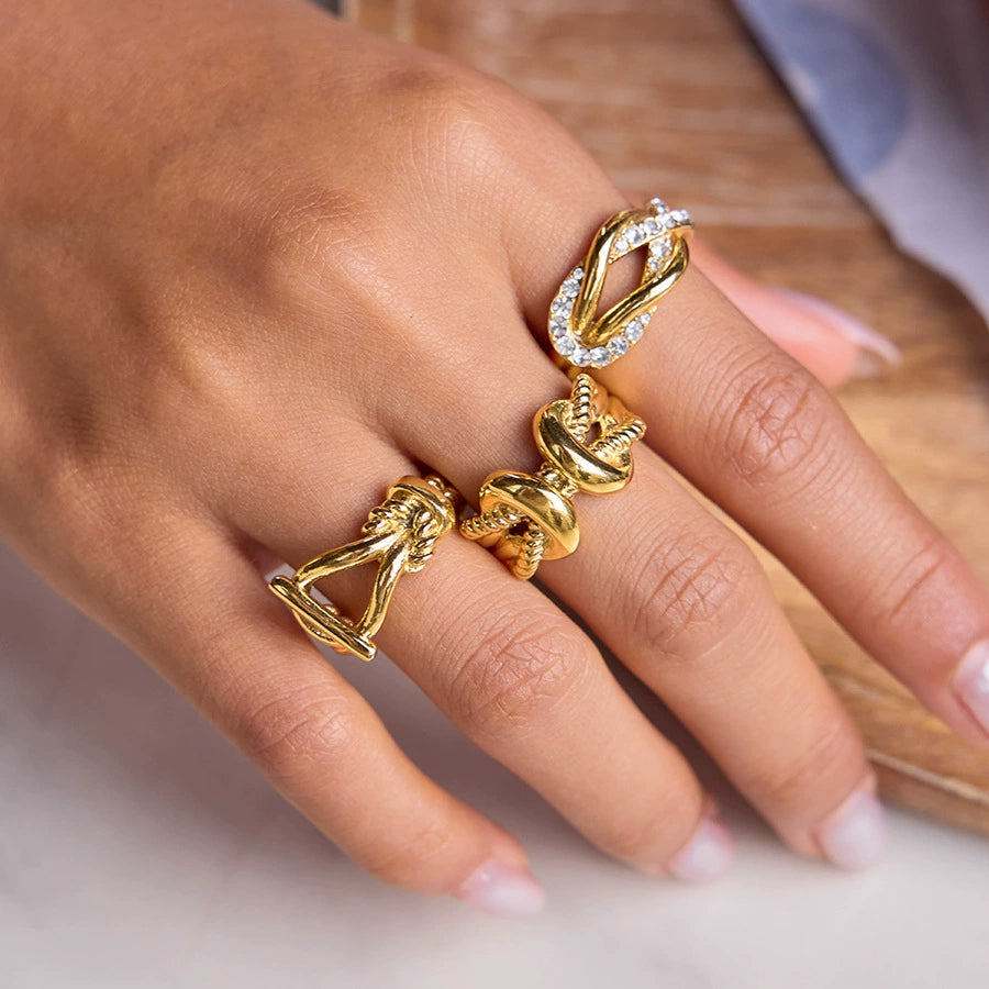 Rope knot design rhinestone stainless steel ring