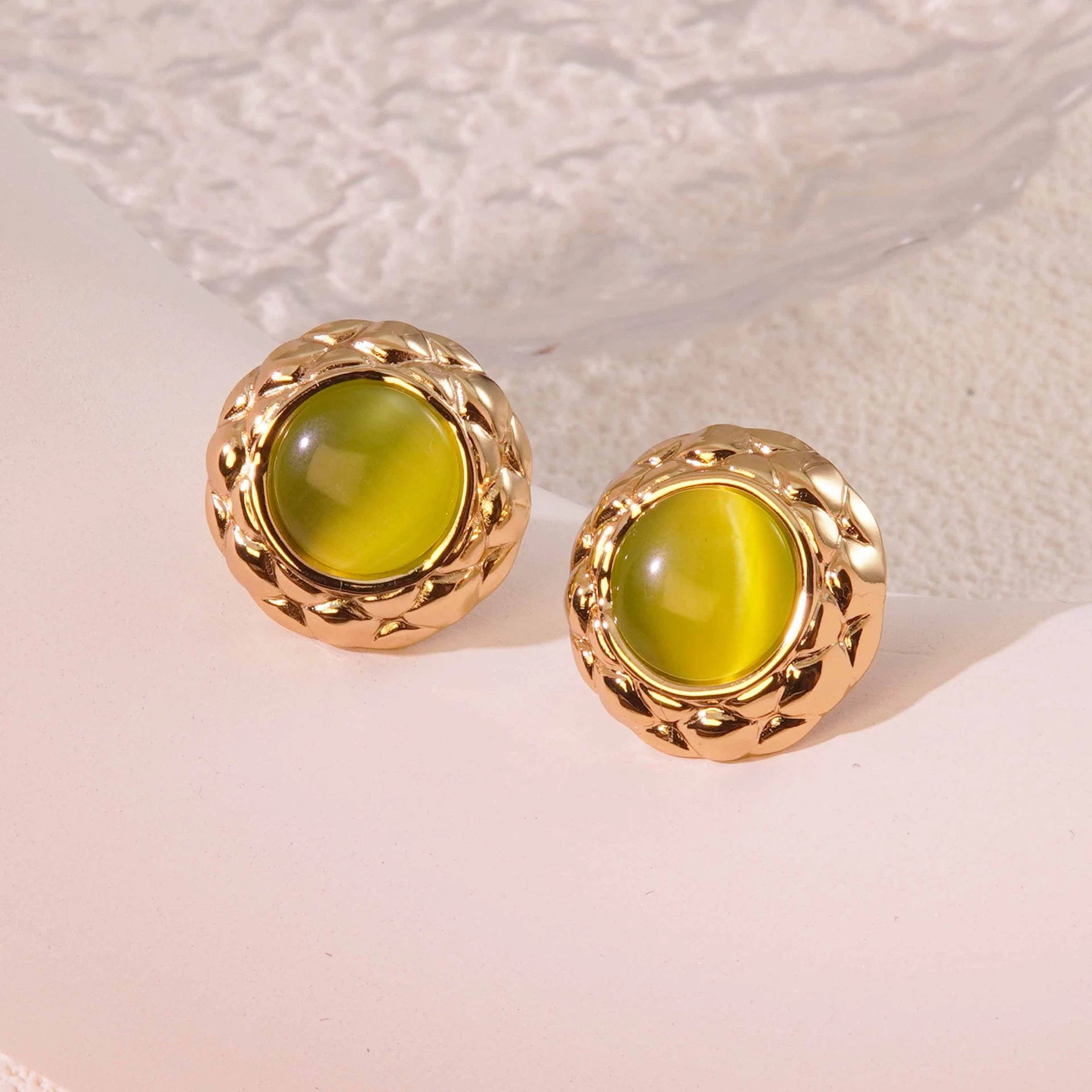 Cat-eye small round diamond pattern colorful gold-edged button style stainless steel stud earrings