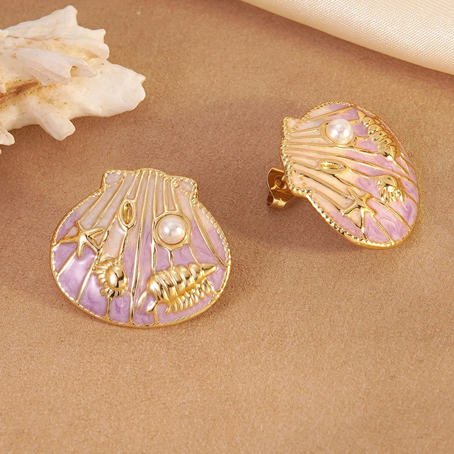 Oil-dripping seashell stainless steel starfish and conch earrings