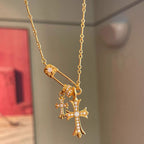 Brooch-set cross pendant copper alloy necklace